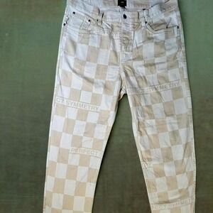 H&M Loose Checkered Jeans Beige With "Perfect Symmetry" Loose Fit Baggy Size 38